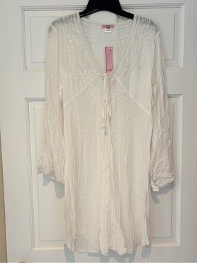 NWT Chach Embroidered Tie-Front Tunic Dress in Ivory